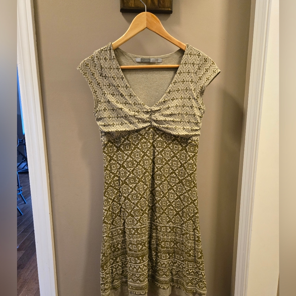 Athleta Olive and Cream Patterned Midi Dress